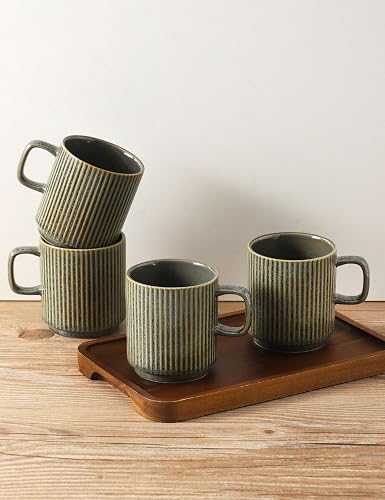 Seyatoo Coffee Mugs Set of 4, Ceramic Ribbed Tea Coffee Cups with Handle, Large Porcelain Mug for Americano, Latte, Cappuccino, Hot Chocolate, Green