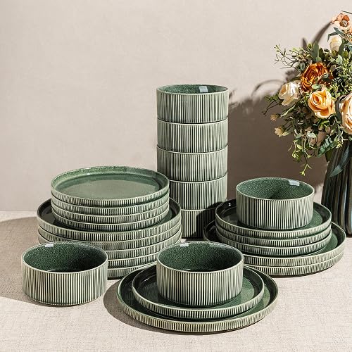 GBHOME 24-Piece Stoneware Dinnerware Set for 8 – Ribbed Ceramic Plates and Bowls, Scratch-Resistant, Microwave & Dishwasher Safe, Reactive Glaze, Dark Green