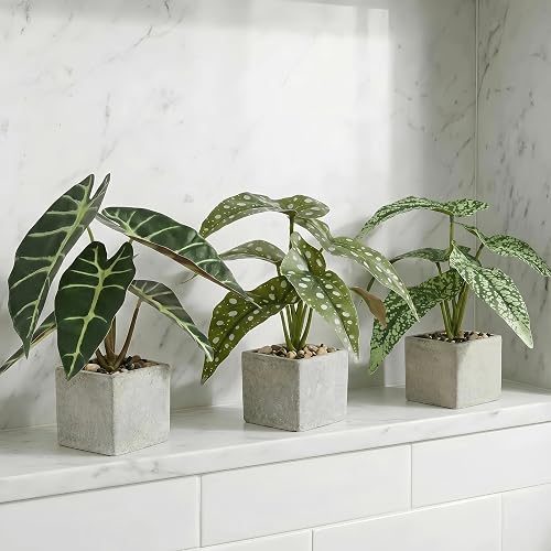 Piklado 3pcs Small Fake Plants Artificial Begonia Leaves Faux Plants Indoor for Office Desk Shelf Bathroom Home Decor