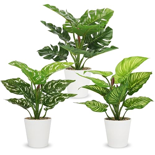 HNCSDD 11.8 Inch 3 Pcs Small Fake Plants Artificial Potted Plant Indoor Faux Tropical Plant for Home Office Table Shelf Desktop Décor