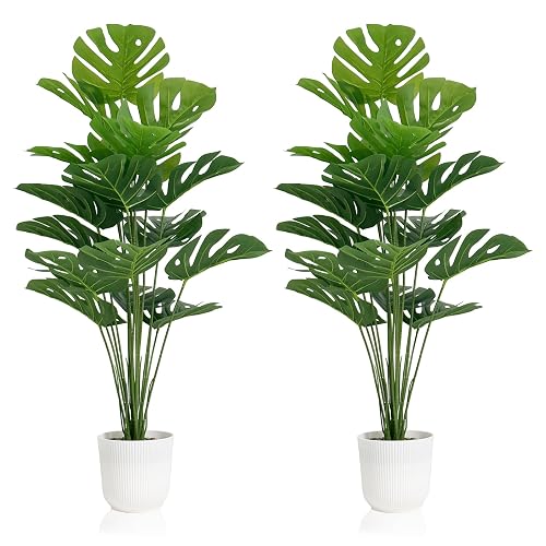 SAJANDAS Set of 2 Artificial Monstera Deliciosa Plants in Pots, Fake Tropical Trees with Greenery Leaves Stems, 32 Inch Faux Swiss Cheese Floor Plants for Home Porch, Garden, Office, Store Decor