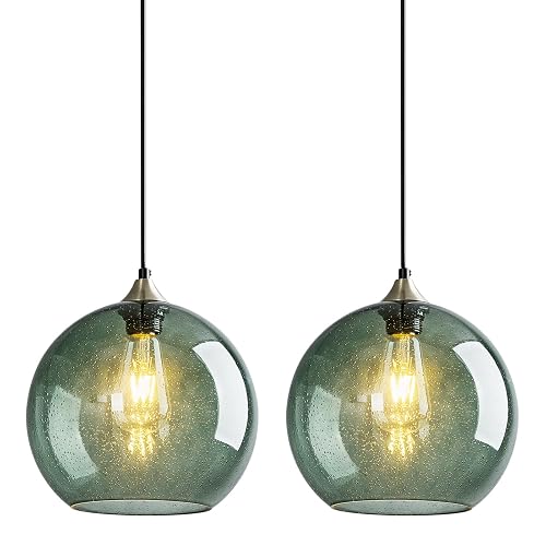 LBSQJ Gray Green Glass Pendant Lights Kitchen Island Lighting Globe Pendant Light Fixtures Modern Pendant Lighting for Kitchen Island Bedroom Living Dining Room Light Fixture(9.84in, 2-Pack)