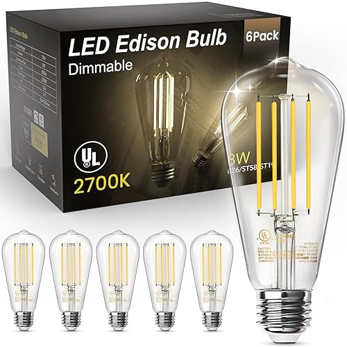 TJOY Edison Light Bulbs 60W Equivalent, Dimmable Vintage LED Light Bulbs, E26 Medium Base, Warm White 2700K, ST58, 8W, 800LM, 80+ CRI, Antique Decorative Filament LED Bulb, Clear Glass, 6 Pack