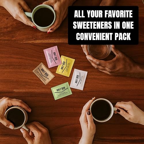 (300 total, 50 each) Bolt Box Sugar & Sugar Substitute Packets Assorted Variety Pack (Turbinado, Cane, Pink Saccharin, Yellow Sucralose, Green Stevia, Stir Straws)