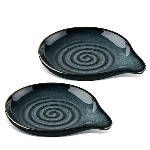 HaWare Spoon Rest for Stove Top, 5.1" Ceramic Spoon Holder for Kitchen Utensils, Coffee Spoons, Spatula, Heat-Resistant Cooking Utensil Rest for Kitchen Counter Decor, Ink Blue