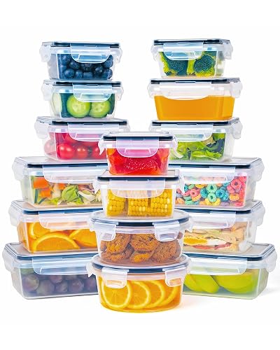 FOOYOO 32 Piece Food Storage Container with Lids (16 Containers + 16 Lids) - Plastic Food Containers with Lid, Airtight Leak Proof Snap Lock, BPA Free Storage Containers