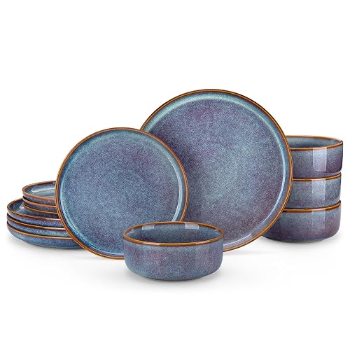 vancasso PLAYA Plates and Bowls Sets, 12 Pieces Grey-Blue Dinnerware Sets for Kitchen, Reactive Glaze Dishes Set for 4, Dishwasher and Microwave Safe