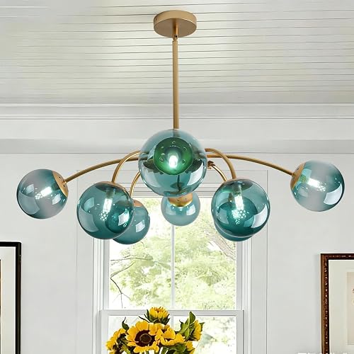 8-Light Sputnik Bubble Chandelier Light Fixture, 33" Modern Semi-Flush Chandelier Light with Glass Globes, Art Deco Bubble Lighting Fixture for Living Room, Dining Room, Entryway (Blue-P, 8-Light)