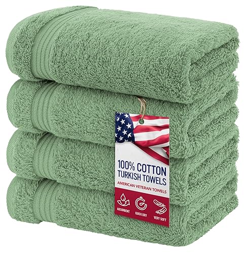 American Veteran Towel, Hand Towels for Bathroom Set of 4, 100% Cotton Turkish Hand Towel Sets, Soft Hand Face Towels, Sage Green Hand Towels
