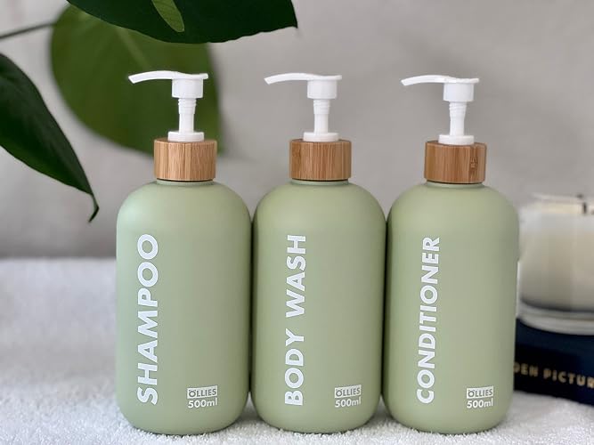 OLLIES Shampoo and Conditioner Dispenser, Shower Soap Dispenser for Bathroom, Set of 3 with Permanent Stylish Label, 17oz, 500ml Refillable Shampoo and Conditioner Bottles Green