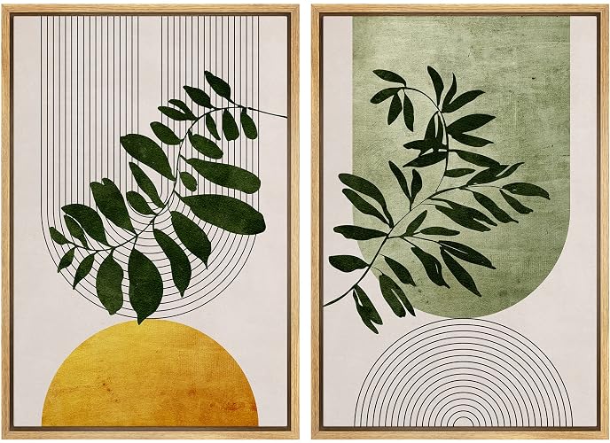 IDEA4WALL Framed Canvas Print Wall Art Set Mid-Century Geometric Forest Plant Leaf Nature Wilderness Illustrations Modern Art Rustic Decorative for Living Room, Bedroom, Office - 16"x24"x2 Natural