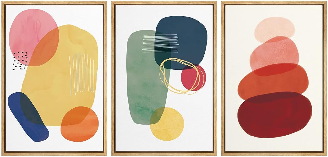 wall26 Framed Canvas Wall Art Print Set Multicolor Transparent Circle Variety Abstract Shapes Illustrations Modern Art Bohemian Colorful for Living Room, Bedroom, Office - 24"x36"x3 Natural