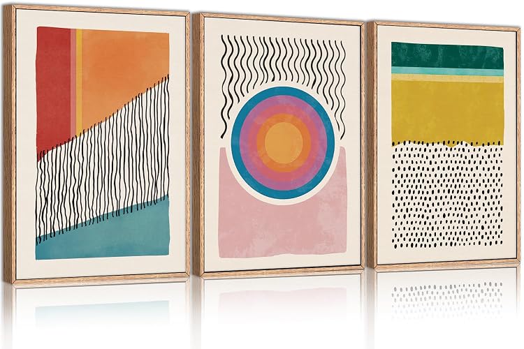 HPINUB Boho Framed Canvas Prints Wall Art Set, Mid-Century Abstract Color Block Shape Wall Decor, Geometric Illustrations Art Photos for Living Room, Bedroom, Dining Room, Office, Bathroom-24 x36 x3