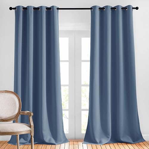 NICETOWN Bedroom Room Darkening Curtains - Triple Weave Grommet Top Thermal Insulated Solid Energy Saving Panels/Drapes for Patio Door/Hall, Stone Blue, 1 Pair, 52 inches by 95 Inch