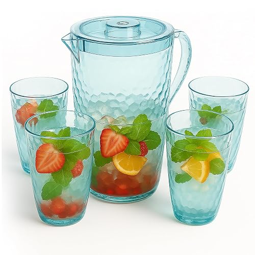ZIVONA 84 oz Crystal-Clear Pitcher with 4 Tumblers Set, BPA-Free Food-Grade Jug with 3-Position Lid & Spout – Large Beverage Pitcher for Party, Iced Tea, Lemonade, Sangria, Fridge – Aqua Blue