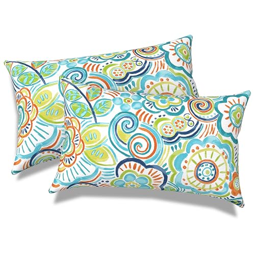 Melody Elephant Pack of 2 Outdoor Lumbar Pillow Covers, All Weather Cushion Pillow Cases 12x20 Inch, Pillowcase for Patio Couch Decoration, Flower Blue