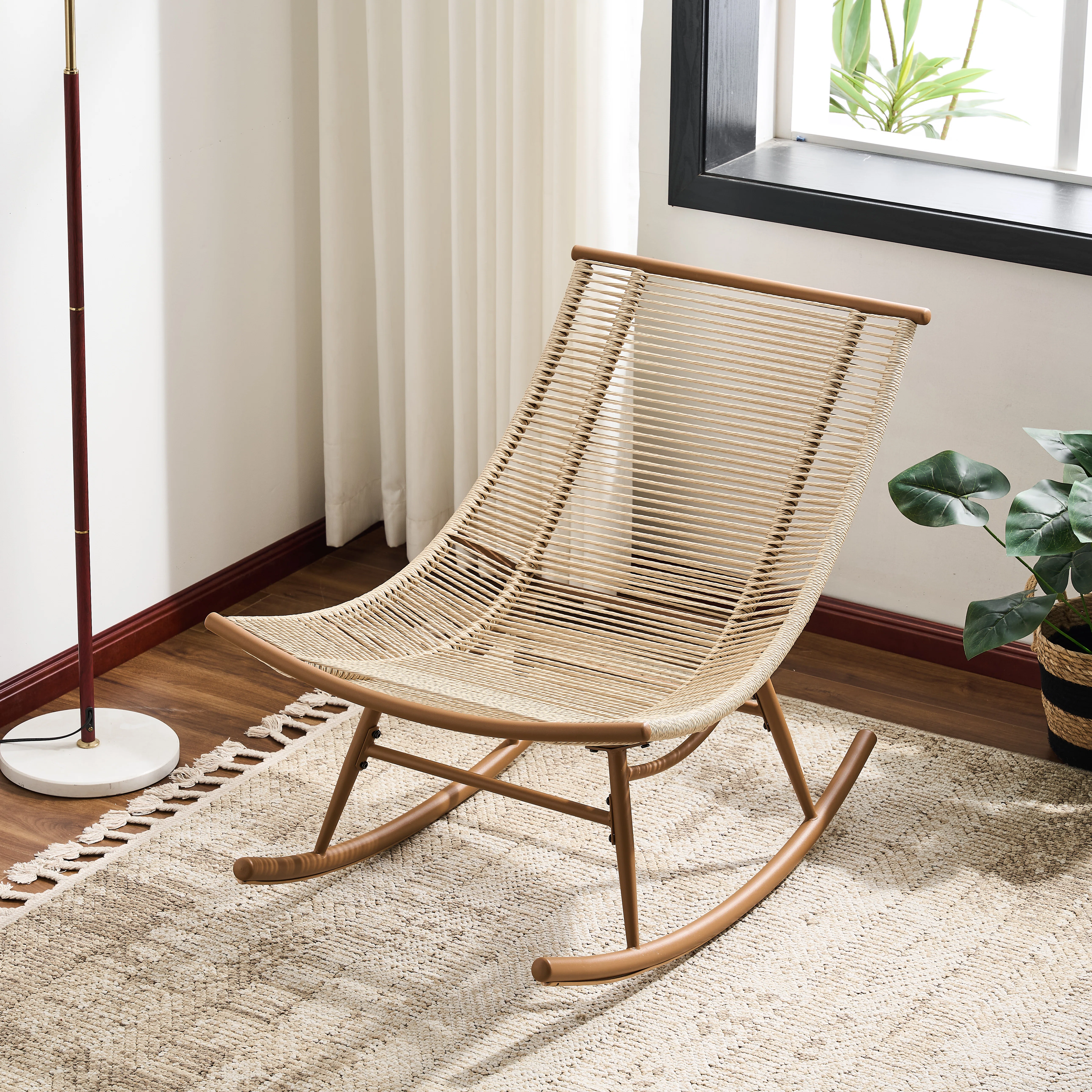 Figir Outdoor PE Rattan Rocking Chair with Metal Frame & Plush Cushion