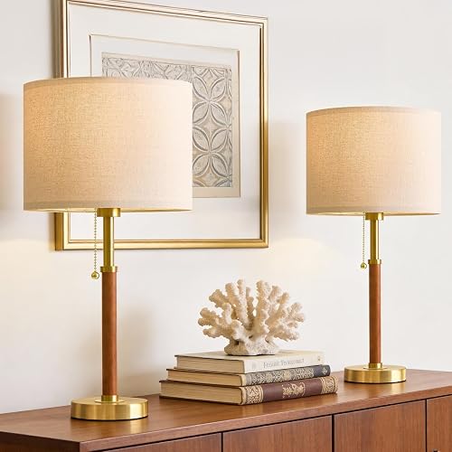 G-SAFAVA 22" Wood Table Lamps Mid Century Modern Lamp for Bedroom Living Room Bedside Lamps for Night Stands Nightstand Lamp with Pull Chain Gold Small Side End Table Lamps Set of 2 Vintage Deco Gifts