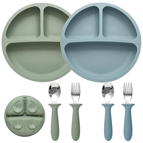 Eascrozn Baby Feeding Set, 2 Pack Silicone Divided Suction Plates for Baby, 2 Pack Spoons and Forks Set, BPA Free, Baby Led Weaning Supplies for Toddler Utensils