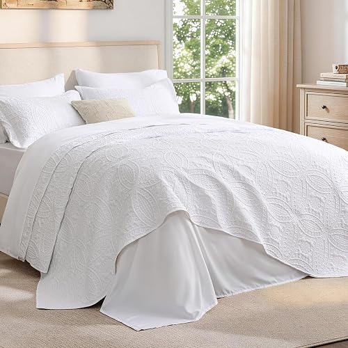 Love's cabin Queen Quilt Set White, Bed in a Bag Queen Size Bedding 7 Pieces, Ultrasonic Embossed Coin Pattern Comforter, Lightweight Bedspreads for All Seasons Quilt with Sheets, Pillowcases & Shams