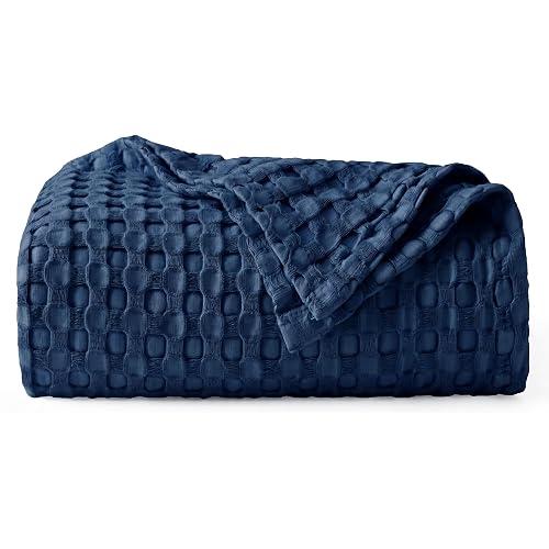 Bedsure Cooling Cotton Waffle Weave Blanket - Lightweight Breathable Blanket of Rayon Derived from Bamboo for Hot Sleepers, Luxury Throws for Bed, Couch and Sofa, Navy, 50x70 Inches