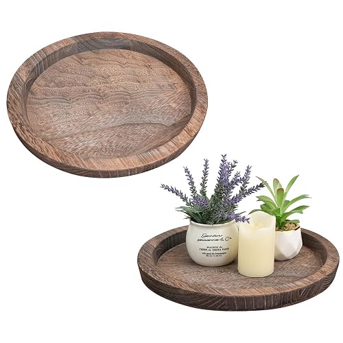 Mulaibdin 2 Pcs Decorative Serving Trays, Wooden Coffee Table Tray Set of 2, Candle Holder Home Decor Round Tray for Farmhouse Kitchen Counter Bathroom Living Room Decor (Brown)