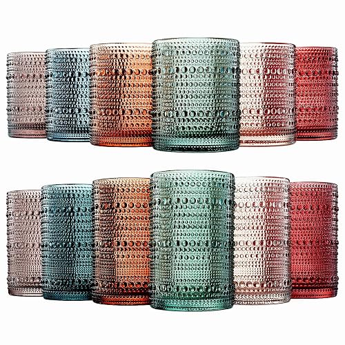 Khen Hobnail Beaded Highball Drinking Tumbler Glasses | Set of 12 | Color, Vintage Bubble Design Whiskey Glassware, Old-Fashioned, Embossed Design for Water, Wine, Cocktail Embossed, Rocks Glass