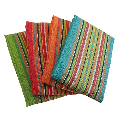 DG Collections Salsa Stripe Kitchen Dish Towels, 100% Cotton, Highly Absorbent, Multi Purpose Waffle Tea Towels for Cooking, Drying & Cleaning, 16x28 Inches, Pack of 12