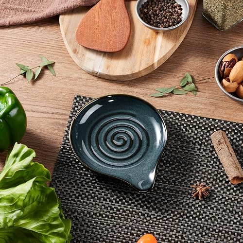 HaWare Spoon Rest for Stove Top, 5.1" Ceramic Spoon Holder for Kitchen Utensils, Coffee Spoons, Spatula, Heat-Resistant Cooking Utensil Rest for Kitchen Counter Decor, Ink Blue