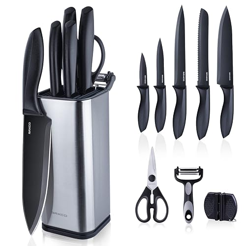 RAXCO Knife Set,10-Piece Stainless Steel Kitchen Knife Set with Block,Black | Compact Small Countertop Holder,Pro-Sharpened Stainless Steel Chef Knives, Space Saving Knife Set for RV & Apartment