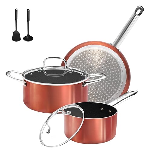 M MELENTA Pots and Pans Set Non Stick, 7 Piece Ceramic Cookware Set, Non Toxic Kitchen Induction Cookware Sets, Pots and Pans Cooking Set with Oven Safe Handle, 100% PFOA Free, Copper