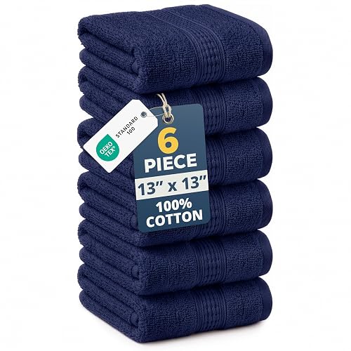 LANE LINEN Cotton Washcloths - Pack of 6, (13"x13") - Wash Cloth Set for Bathroom - Durable Reinforced Stitching, Quick Dry, Softer & Highly Absorbent - Wash Cloths for Your face - Navy Blue