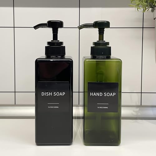 Soap Dispenser with Waterproof Labels, Thickened Plastic Hand Soap Dispenser for Bathroom, Kitchen Dish Washing Liquid Bottles, Shampoo and Conditioner Bottles with Funnel (16oz 4Pack Black Green)
