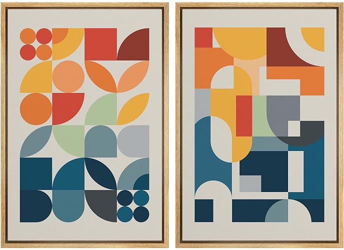 IDEA4WALL Framed Canvas Print Wall Art Set Mid-Century Modern Red & Blue Geometric Color Blocks Abstract Shapes Illustrations Modern Art Decorative Multicolor for Bedroom - 16"x24"x2 Natural