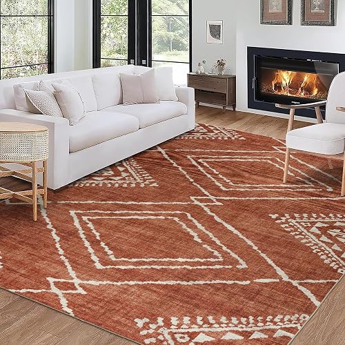ReaLife Rugs Machine Washable Area Rug - Living Room Bedroom Bathroom Kitchen Entryway Office - Padded Low Pile Stain Resistant Premium - Moroccan Diamond Tribal - Jax - Orange 7'6" x 9'6"
