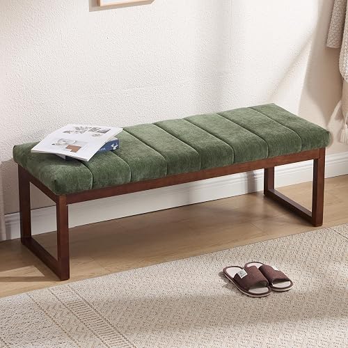 Orirsnug 53.2" Upholstered End of Bed Bench, Modern Chenille Fabric Bedroom Bench with Cushion, Padded Dining Bench Entryway Bench with Solid Wood Frame for Bedroom, Living Room, Green