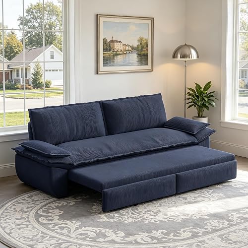 Trygoal Queen Sofa Bed, 3-in-1 Convertible Pull Out Couch, Corduroy Couch with Pull Out Bed, Couch that Turns into Bed, Sleeper Sofa Bed for Living Room, Apartment, Small Space, Blue