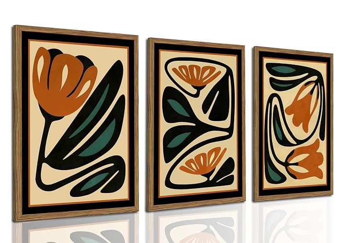 Mid Century Floral Wall Art Set of 3, Modern Abstract Botanical Wall Decor Picture, Vintage Boho Eclectic Plant Canvas Prints Paintings for Bedroom Living Room 16x24 inch Framed
