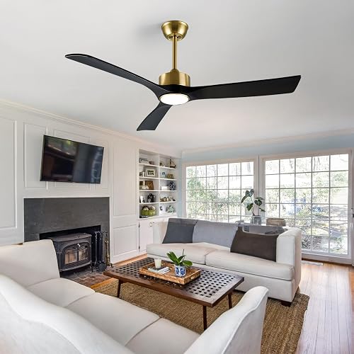 FOBLKS 52 Inch Gold and Black Ceiling Fan with Lights and Remote - Reversible Wood Blades, Silent Operation, Warm Soft Light, Suitable for Indoor and Outdoor Spaces