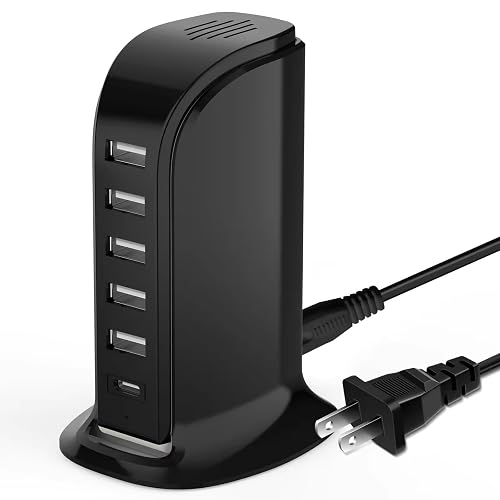 USB Charging Station for Multiple Devices, Multiport Charger Tower, USB-C Port Supports PD Quick Charge Compatible with iPhone, Smartphones, Tablets and Other Devices (Black, 20W)