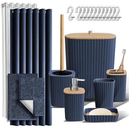 Clara Clark Bathroom Accessories Set - Bathroom Set, Bathroom Sets with Shower Curtain and Rugs, Shower Curtain Set with Bathroom Trash Can - Navy - 22PC