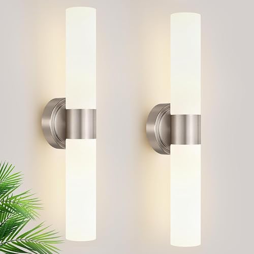 Meybiok Wall Sconces Set of Two, Modern Bathroom Sconces Wall Lighting with Milky White Glass, Brushed Nickel Sconces Wall Decor Set of 2 for Bathroom Mirror Bedroom Living Room Hallway