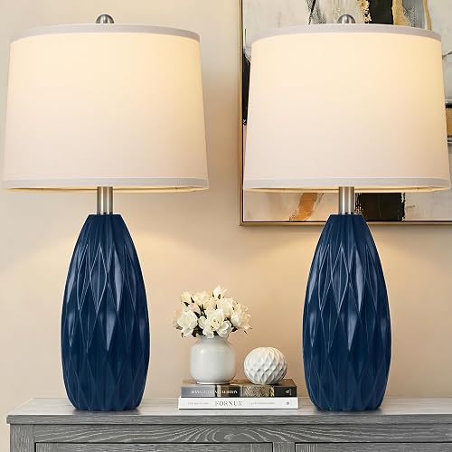 Modern Table Lamp for Living Room, 25'' Bedside Lamp Set of 2, Navy Blue Resin Table Lamp, Bedroom Lamp for Nightstand with Linen Shade, Diamond-Shaped Lamp Body,Desk Lamp for House(2 Bulbs Included)