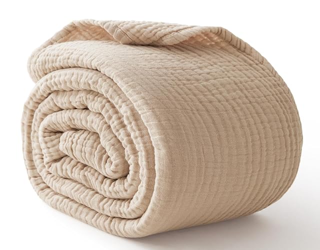 100% Cotton Muslin Blanket Queen 90" x 90", 6 Layers Breathable and Lightweight Cotton Throw Blanket for Bed, Soft Quilt Bedspread Coverlet, Gauze Blanket for Adults All Season, Beige Linen, Oatmeal