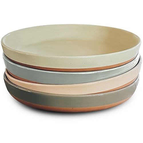 MORA Ceramic Flat Pasta Bowl Set of 4-35oz, Microwave Safe Plate with High Edge - Modern Porcelain Dinnerware for Kitchen and Eating, Large Wide Bowls/Plates for Serving Dinner, Salad, etc- Neutrals