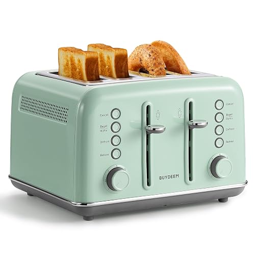 BUYDEEM DT640 4-Slice Toaster, 7 Shade Settings, Extra Wide 1.5’’ Slots for Bagel & English Muffin, 6 Toasting Functions, Retro Stainless Steel Toaster with High Lift Lever, 1800W, Green
