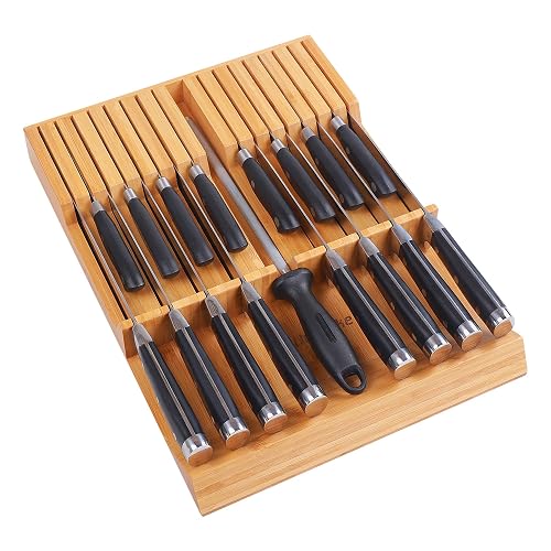 Utoplike In-drawer Knife Block Bamboo Kitchen Knife Drawer Organizer Large, handle Steak knife Holder without Knives, Fit for 16 Knife and 1 Sharpening Steel (Knives & Sharpening Not Included)