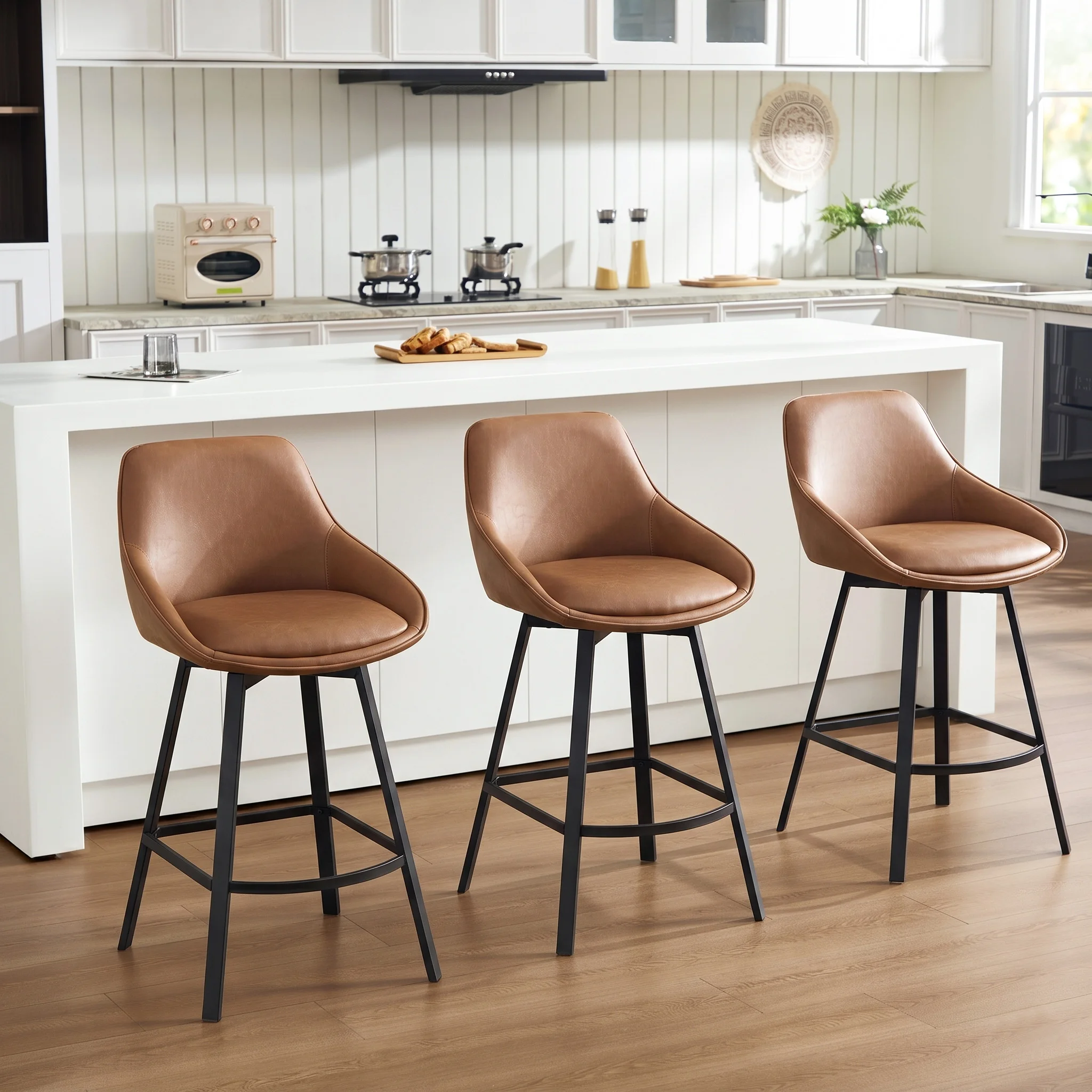 Janayshia Modern Industrial Swivel Upholstered 25.6'' Faux Leather Counter Stool with Metal Frame