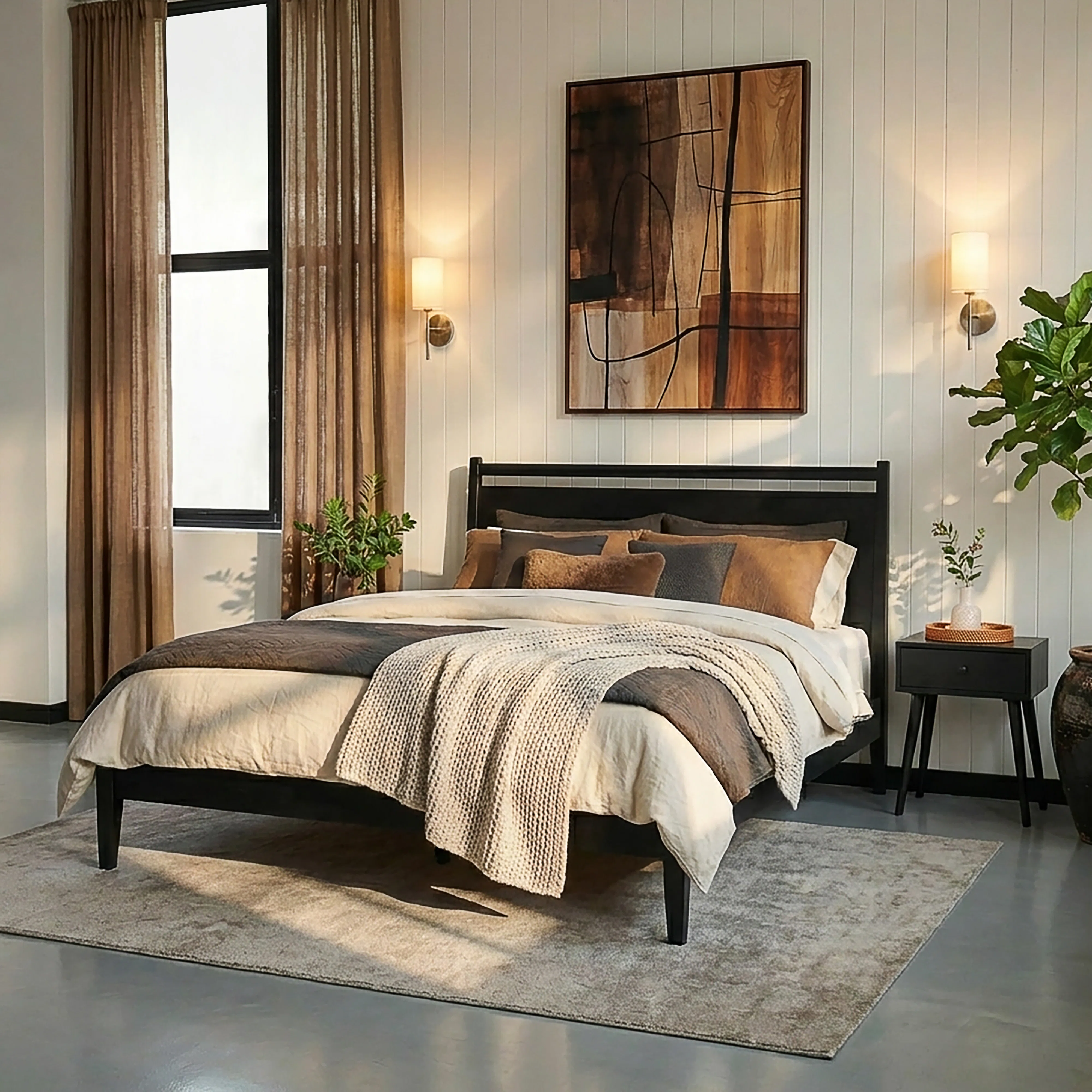  Adept Wooden Bed Frame with Headboard, Solid Wood Foundation with Silent Slats and Wood Central Supports, 1000 Lb Capacity, Effortless Assembly