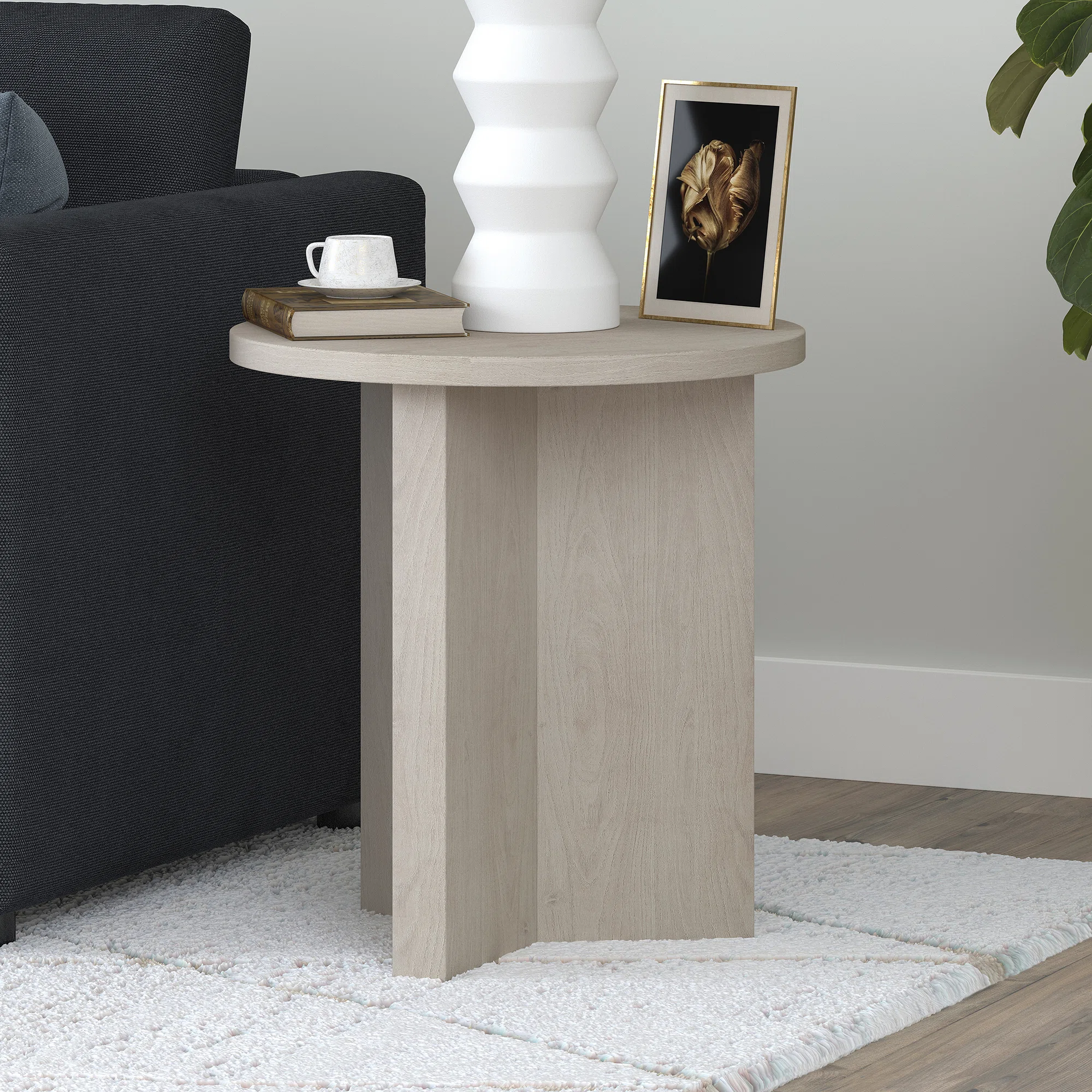 Potbelly Round End Table with Cross Base